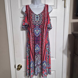 MSK Cold-Shoulder Multicolor Coral, Turqouise, Blue and Black Dress Size Small